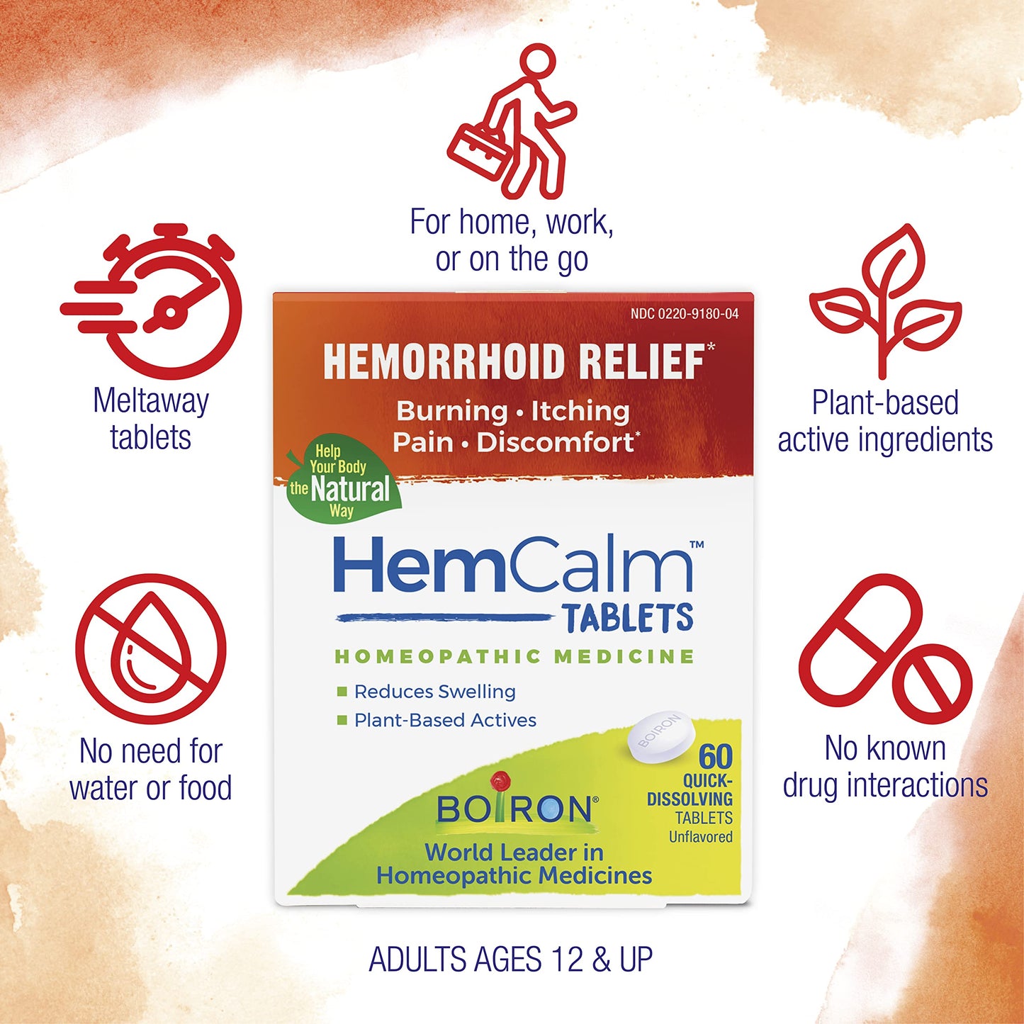 Boiron HemCalm Tablets for Hemorrhoid Relief of Pain, Itching, Swelling or Discomfort - 60 Count