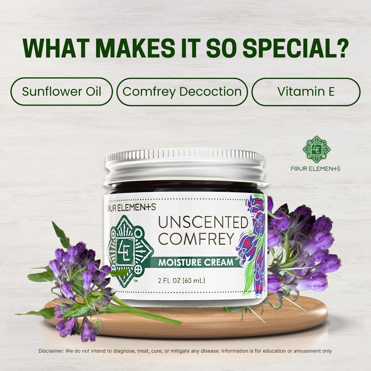 Four Elements 4E Unscented Comfrey Moisture Cream, Deeply Moisturize and Nourish your Skin, Certified Organic, 2 OZ
