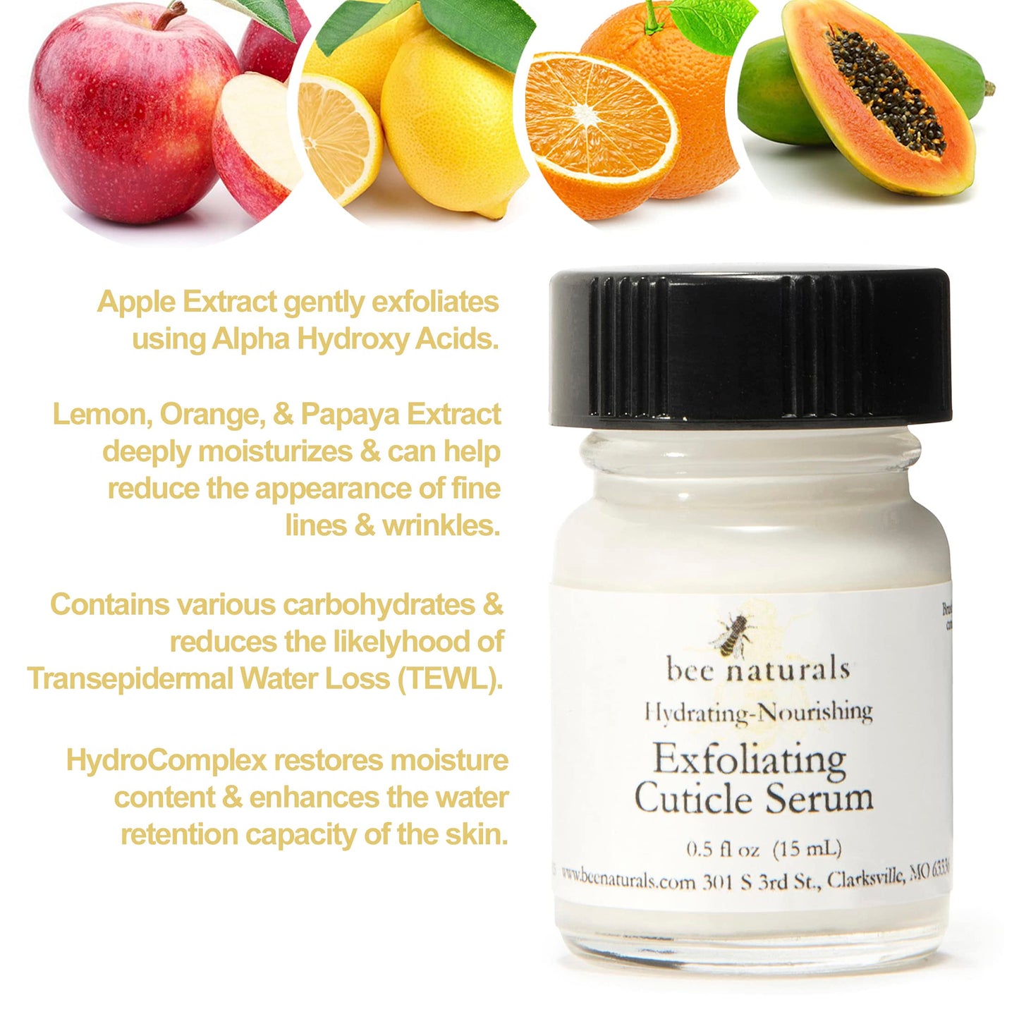 Bee Naturals Exfoliating Cuticle Serum - Renewal Advanced HydroComplex & Fruit Extracts for Deep Hydration & Gentle Exfoliation - Professional Grade, Cruelty-Free Nail Care