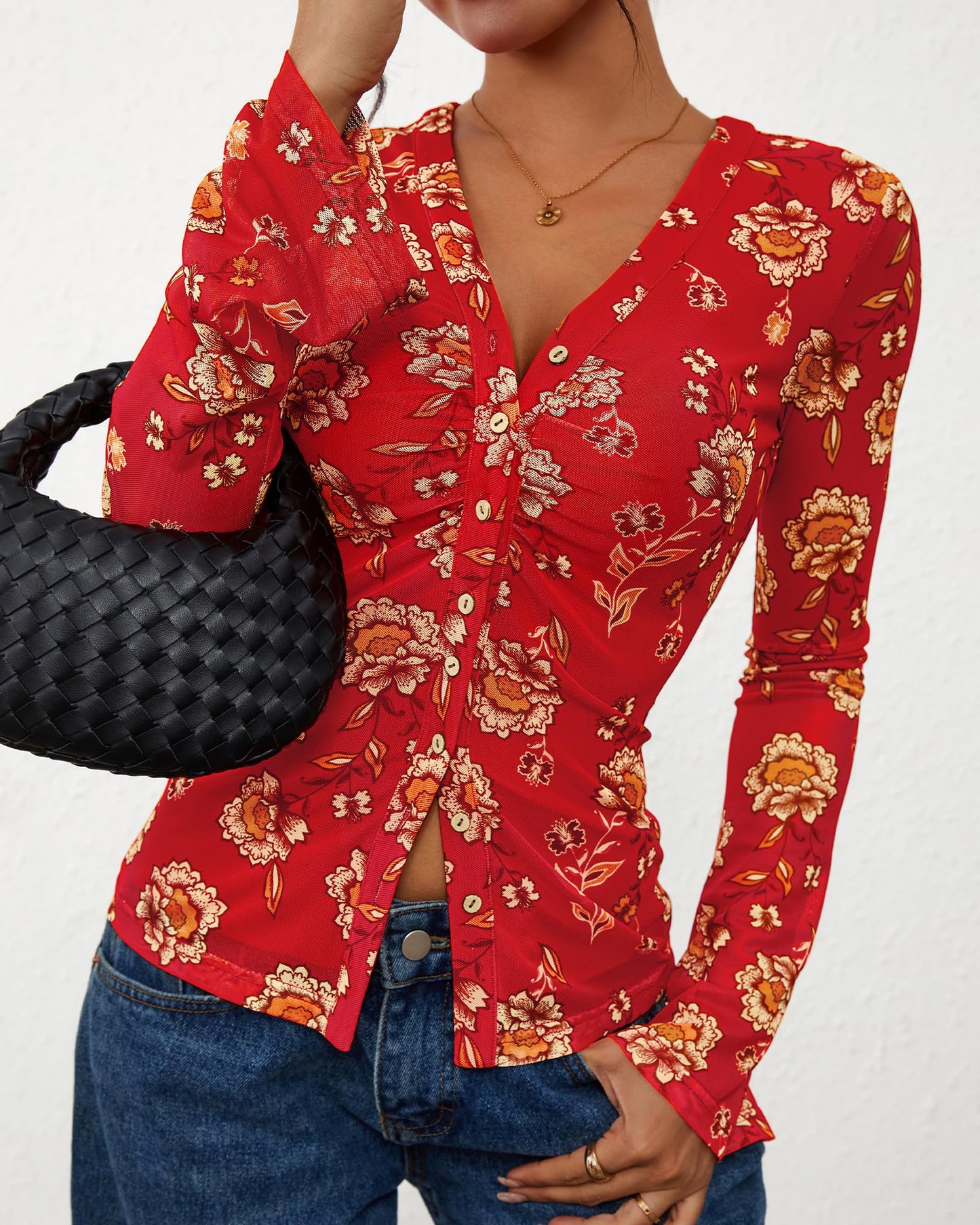 BTFBM Button Down Shirts for Women 2026 Fall Boho Tops V Neck Long Sleeve Blouses Ruched Mesh Fitted Fashion Clothing(Red, Medium)