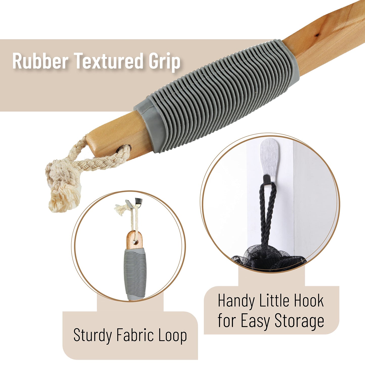 Slick- Loofah with Handle, 17", Gray, Loofah Back Scrubber with Long Wooden Handle, Shower Supplies