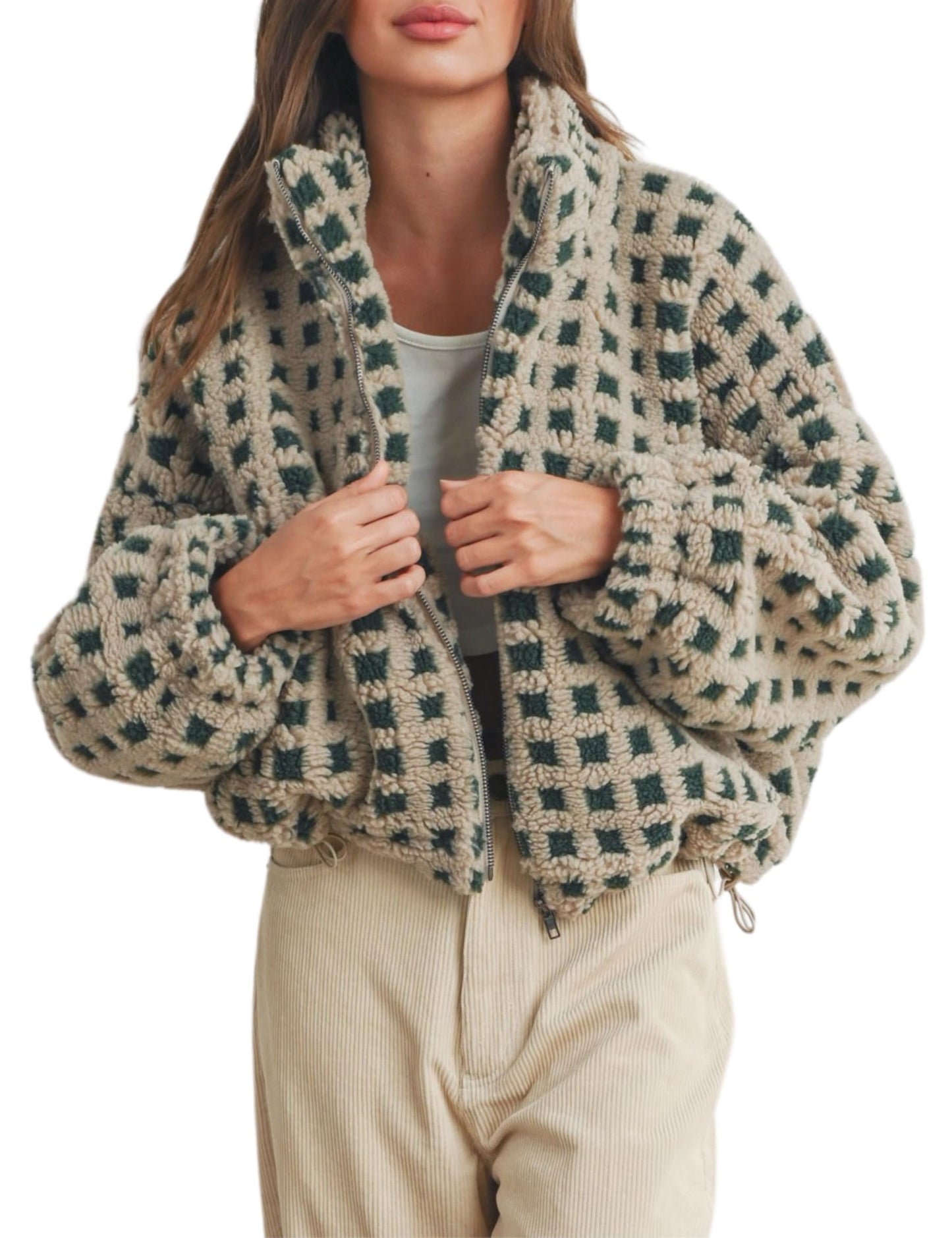 Esmeling Women’s Long Sleeve Cropped Sherpa Fleece Plaid Jacket Casual Chunky Teddy Fleece Outerwear (1024-Green-S)