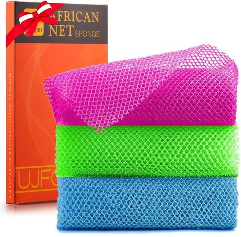 3 Pieces African Bath Sponge African Net Long Net Bath Sponge Exfoliating Shower Body Scrubber Back Scrubber Skin Smoother,Great for Daily Use (Rose Red, Blue, Green)