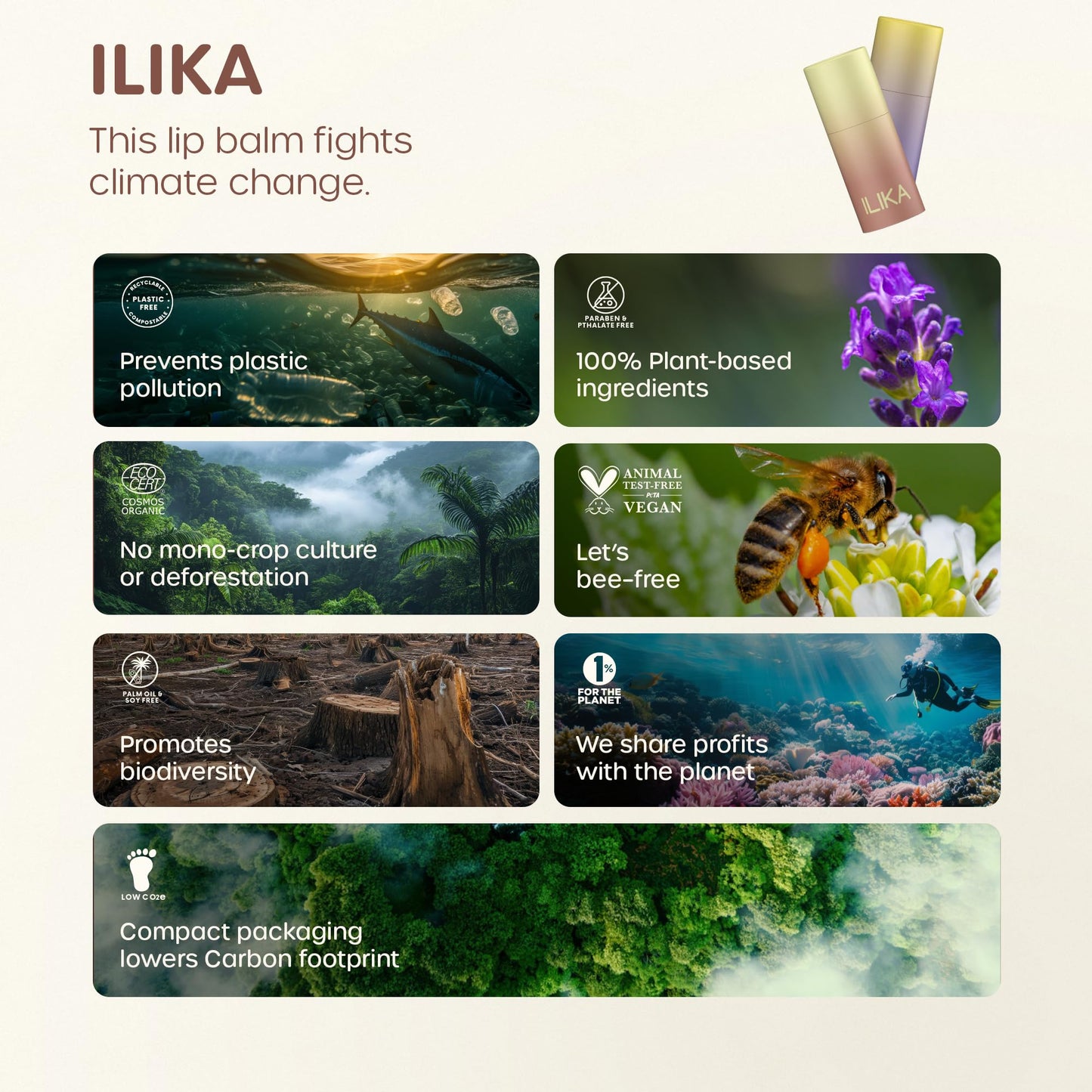 ILIKA 100% Natural Lip Balm - Organic, Plastic-free, Vegan, Vitamin E, COSMOS Certified, 4-Pack Essential Collection - Ginger Lemon, Eucalyptus Mint, Lavender Chamomile, Almond Cardamom Rose, 0.15 oz
