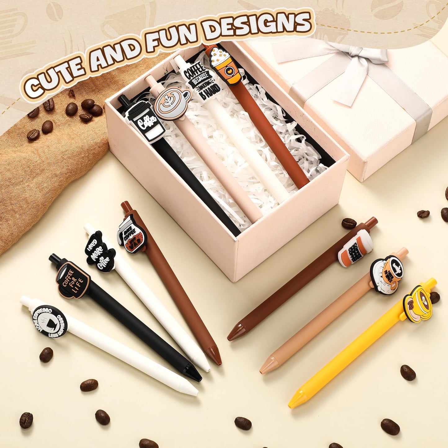 Engrowtic 12 Pcs Funny Pens Set Cartoon Retractable Writing Pens Bulk Black Ink Gifts for Women Office Party Favors(Dark Color,Coffee)