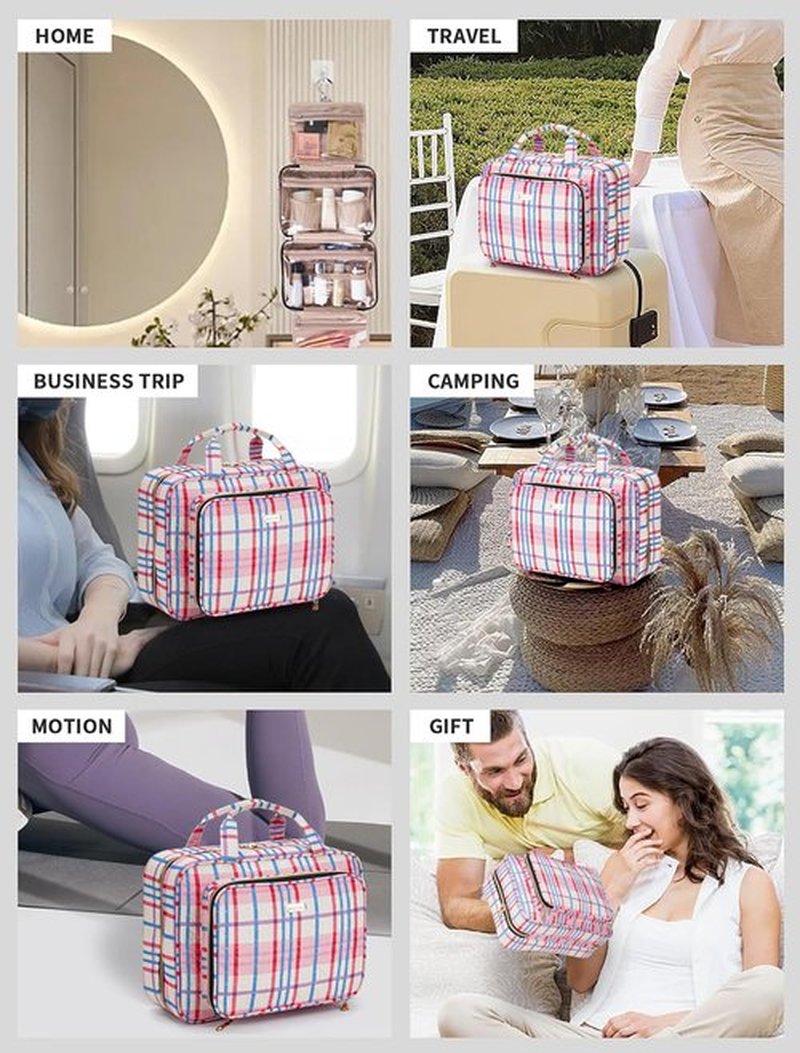 BALULHG Toiletry Bag Travel with Hanging Hook, Water-resistant Cosmetic Makeup Bag Organizer for Shampoo, Full Sized Container, Toiletries，Plaid-red-L