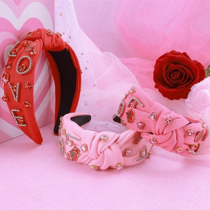 MOSOTECH Love Crystal Headband for Women, Rhinestone Love Heart Knotted Headbands Jeweled Wide Top Knot Hairband Hair Accessories for Valentine's Day Birthday Gifts (RosePink)