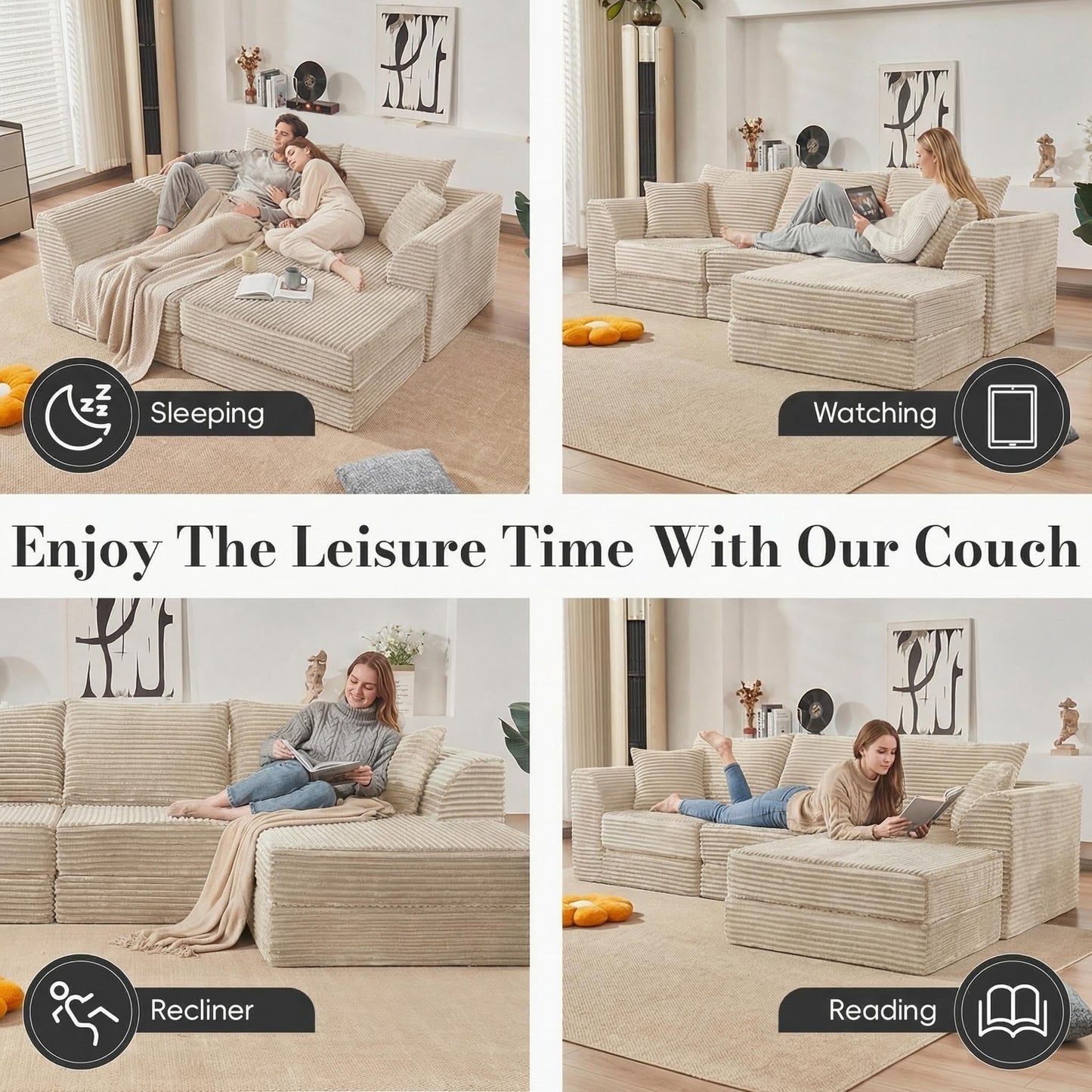 106” Modular Sectional Sofa,Modular Cloud Sofa L-Shaped Cloud Couch with High-Density Foam & Corduroy Fabric,Boneless Couch Deep Seat Couch for Living Room Apartments Bedroom No Assembly Required