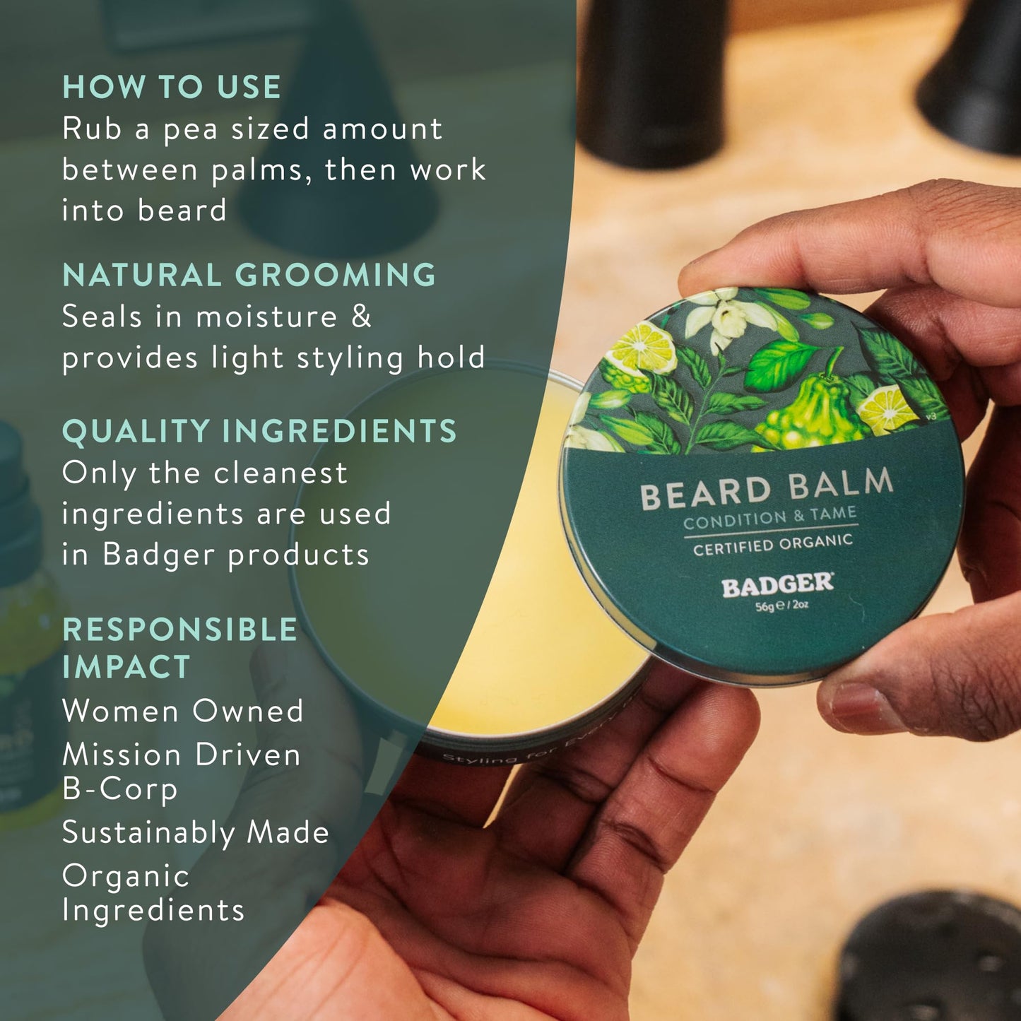 Badger Organic Beard Balm - Leave-In Conditioner, Styling & Moisturizing Treatment for Facial Hair & Mustache, 2 oz