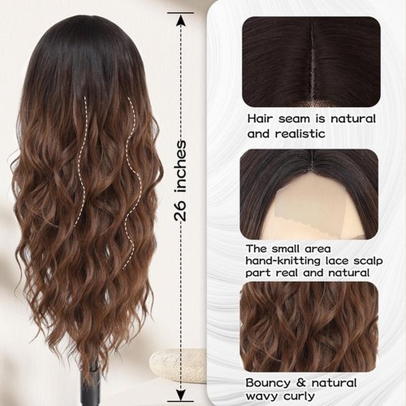 NAYOO Ombre Brown Wig 26 Inch Middle Part Wigs for Women Synthetic Hair Long Wavy Wig with Dark Roots for Daily Party/Halloween Use (Ombre Brown)