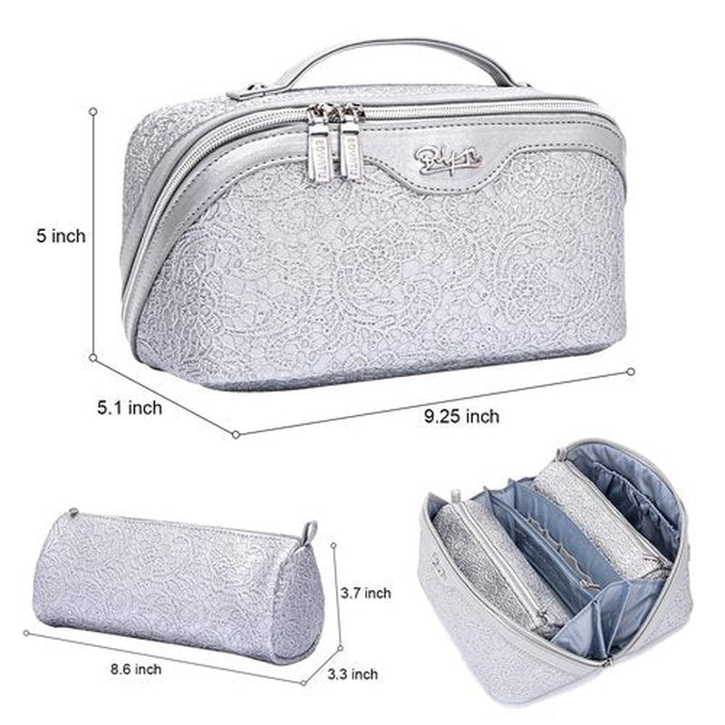 Travel Makeup Bags Cosmetic Organizer Bag: 3-Set Large Capacity Make up Bag - PU Leather Toiletry Bag for Women - Wide Open Portable Pouch with Divider & Handle (02-Z-Silver)
