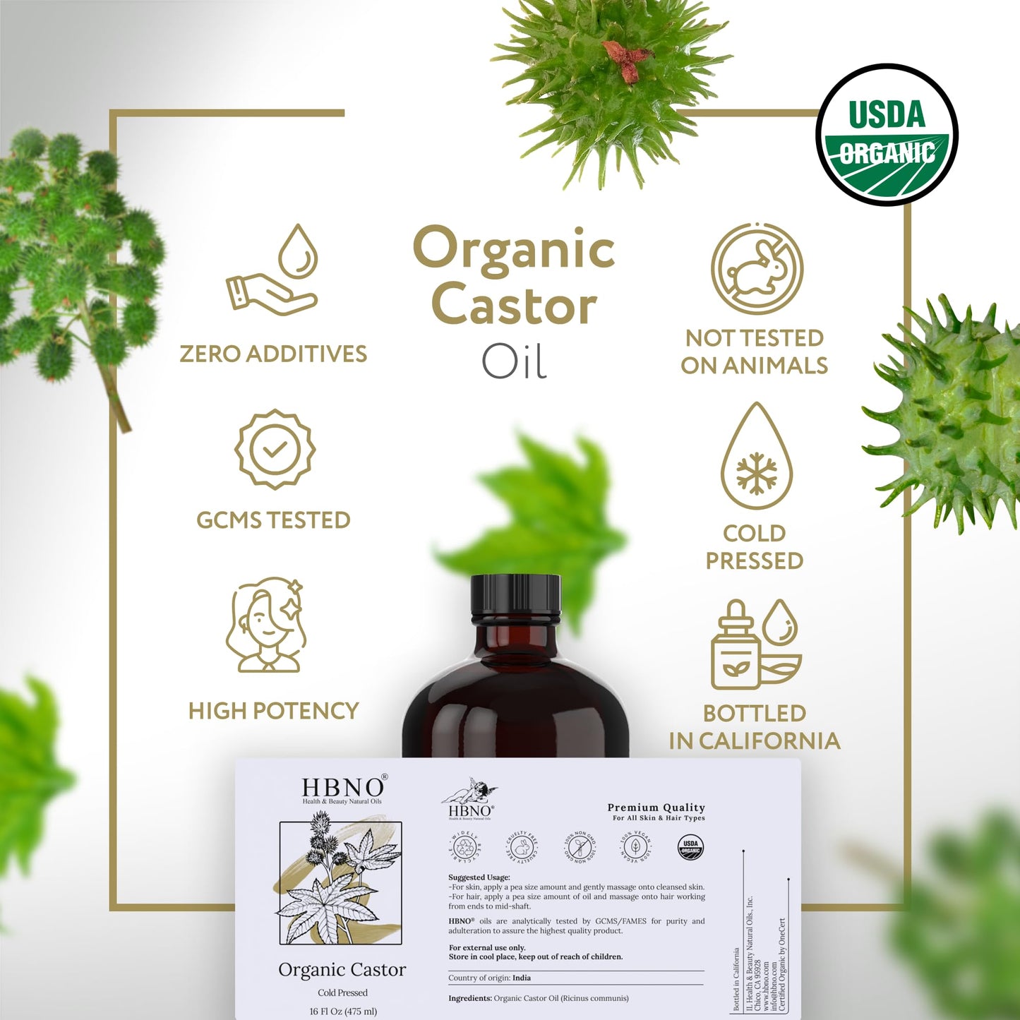 HBNO Organic Castor Oil - 16 oz (475ml) Value Size - Ideal for Shampoos, Conditioners, Mouth Washes, Face wash, Lotions, and Skin care products (Glass Bottle)
