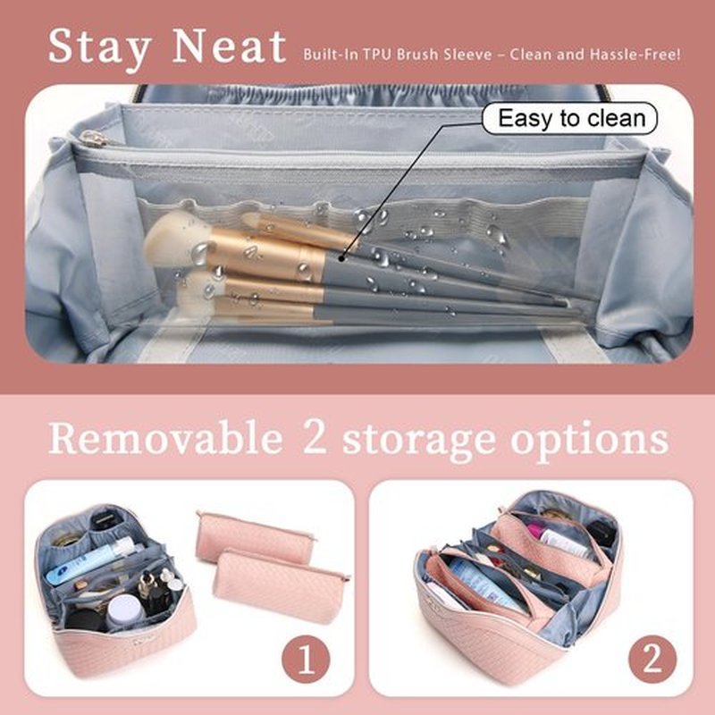 Travel Makeup Bags Cosmetic Organizer Bag: Large Capacity Make up Bag Set of 3 - Vegan Leather Toiletry Bag for Women - Portable Makeup Organizer with Compartments & Handle & Divider (01 Light Pink)