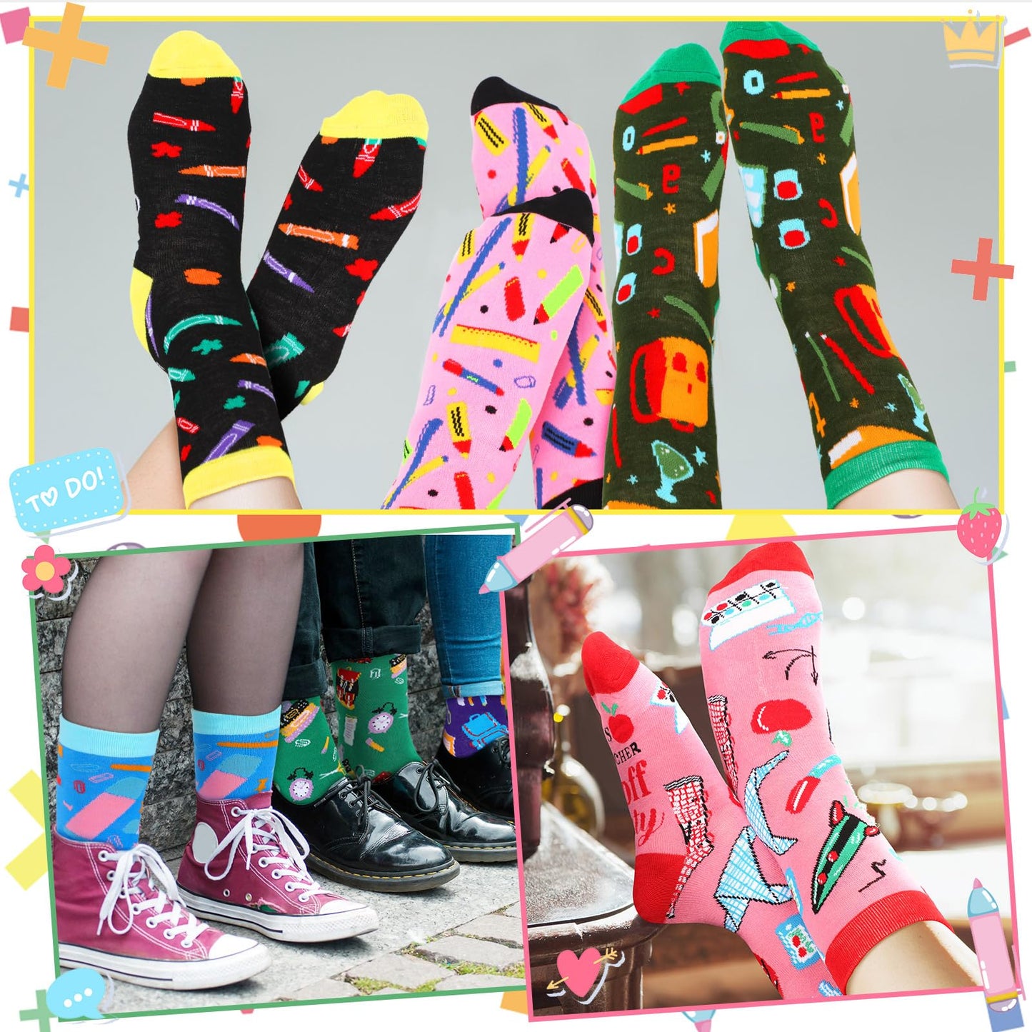 Jeyiour 36 Pcs Funny Teacher Crew Socks Cotton Novelty Knit Socks Appreciation Gift for Teachers' Day Graduation Birthday(Cute)