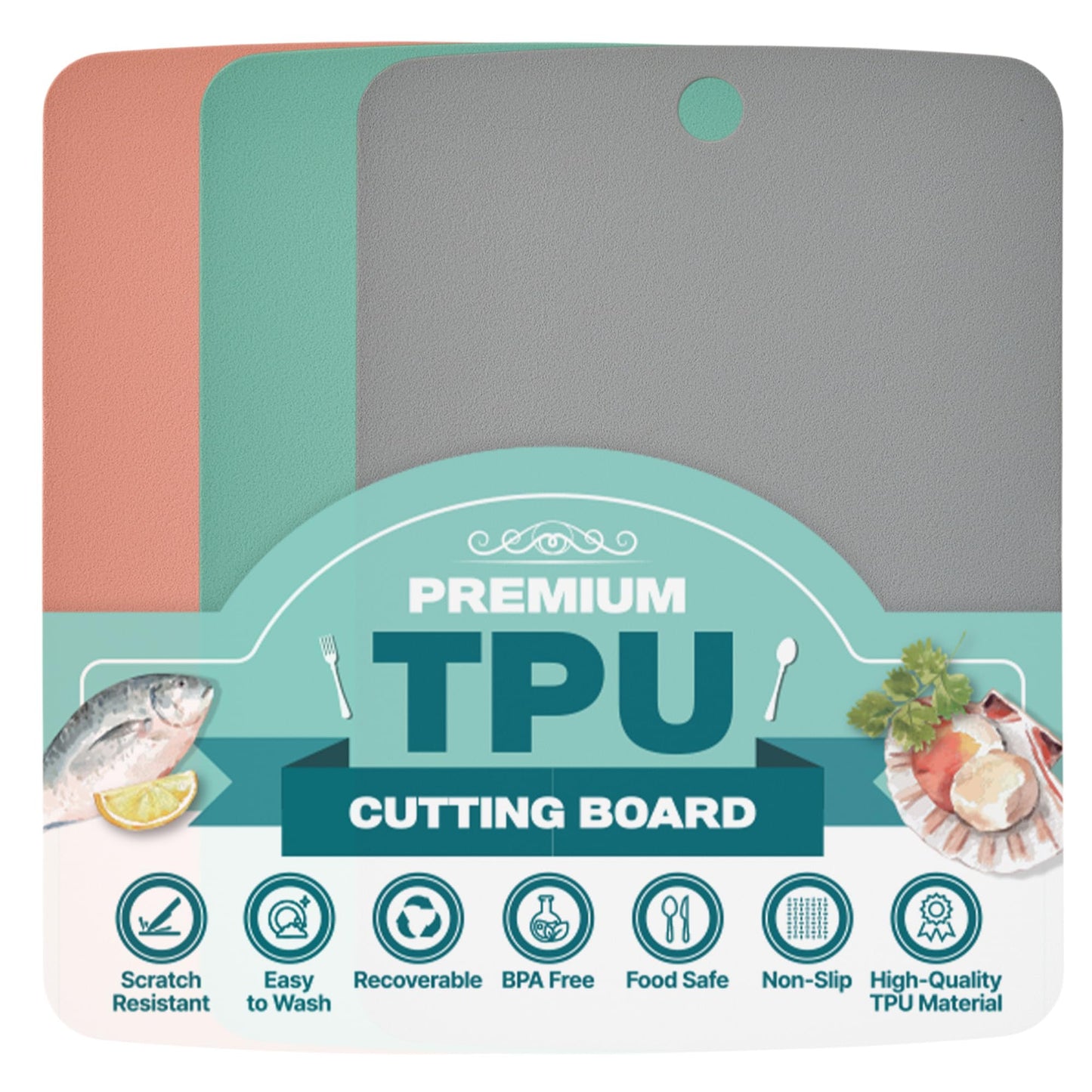 Firgi TPU Small Cutting Board Set of 3 9"x12" - Flexible Cutting Mats for Kitchen Knife Friendly, Cutting Mat Non-Slip Chopping Board Double Sided Scratch Resistant Food Grade Coral Mint Gray