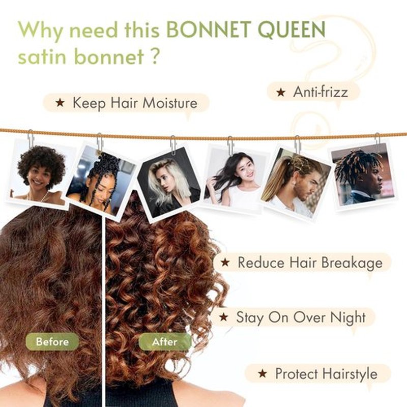 BONNET QUEEN Satin Bonnet Silk Bonnet for Sleeping Women Hair Bonnet Night Sleep Cap Scarf wrap for Curly Hair with tie Band Champagne