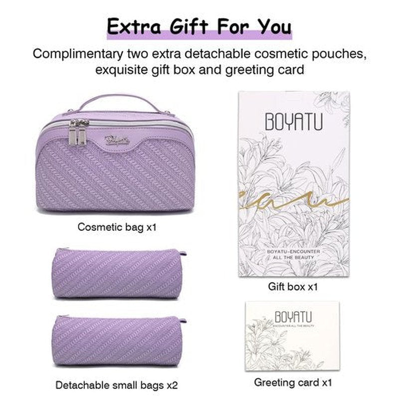Travel Makeup Bags Cosmetic Organizer Bag: Large Capacity Make up Bag Set of 3 - Vegan Leather Toiletry Bag for Women - Portable Makeup Organizer with Compartments & Handle & Divider (3 Purple)