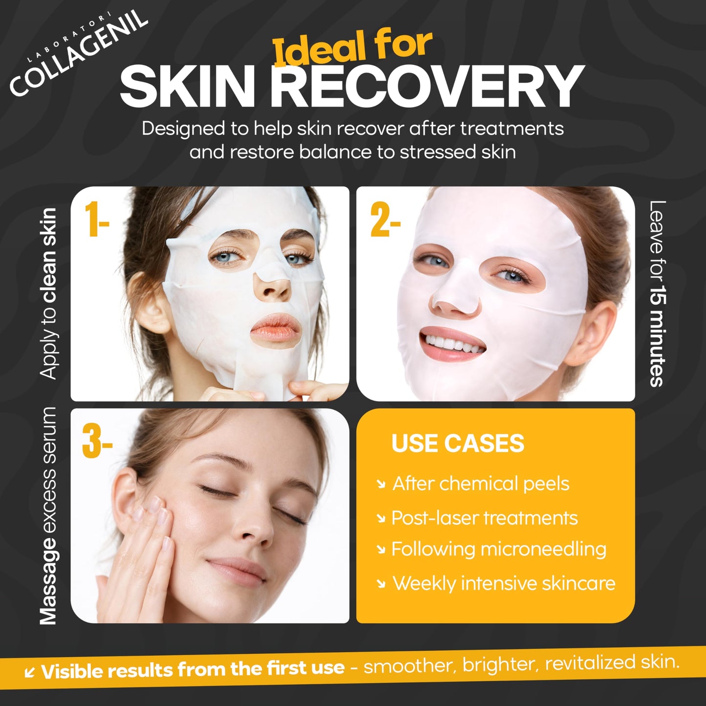 COLLAGENIL Intense Revive Global Recovery Face Mask, Hyaluronic Acid & Peptide Complex, Brightening & Moisturizing, Post-Treatment Care, Single-Use Lyocell Masks, 0.6 fl oz, 3 Count