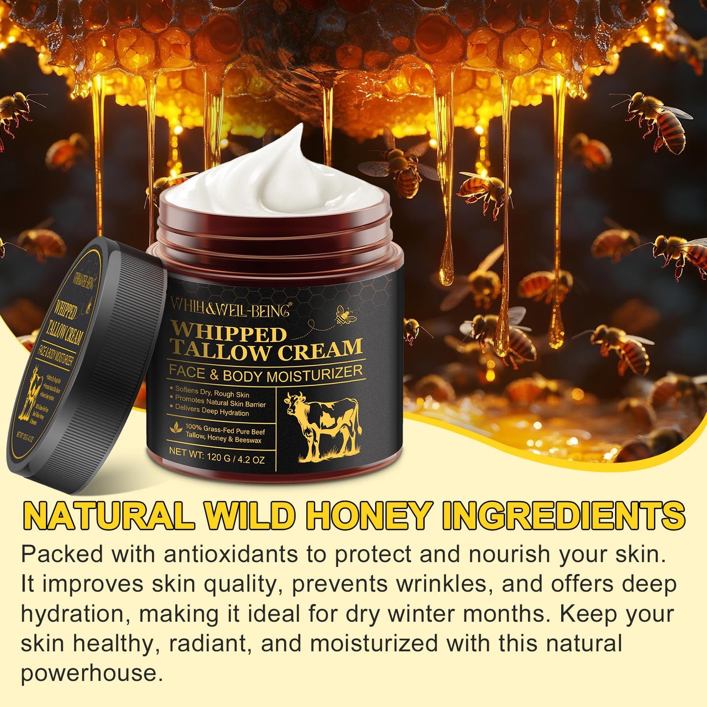 WHLH & WELL-BEING Beef Tallow for Skin, Beef Tallow and Honey Balm, Moisturizer for Face & Body Skin Care(2Pack)