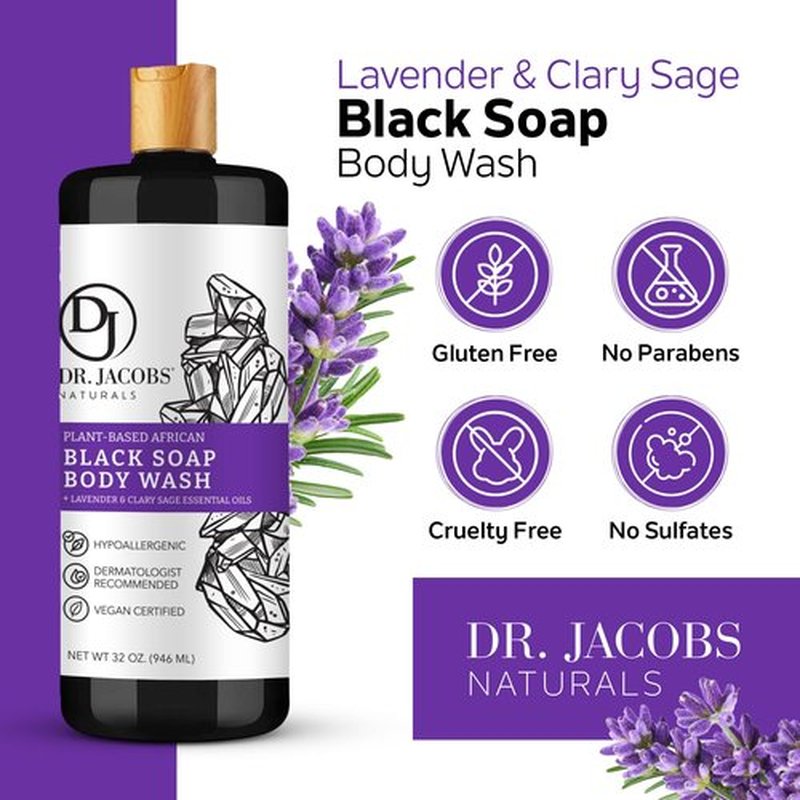 Dr Jacobs Naturals Authentic African Black Liquid Soap with Lavender & Sage Scent All-In-One Face Wash, Sensitive Skin Body Wash, Shampoo, Shaving Soap | Moisturizing and Nourishing Formula 32oz 1pk