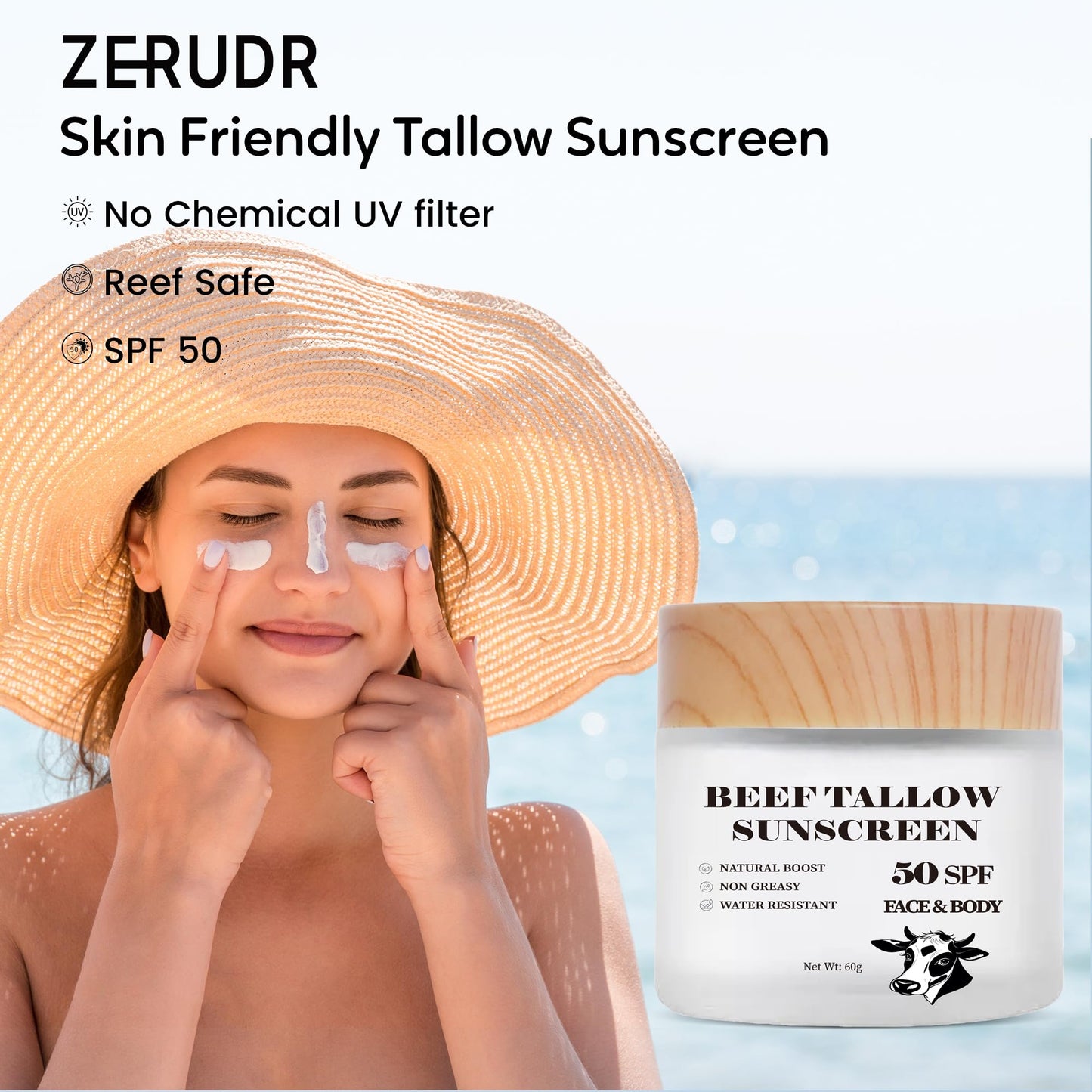 Scosvvi Tallow Sunscreen SPF 50: zinc oxide sunscreen non toxic Sunblock -Face & Body Sun Protection for Adults & Kids- 2 oz