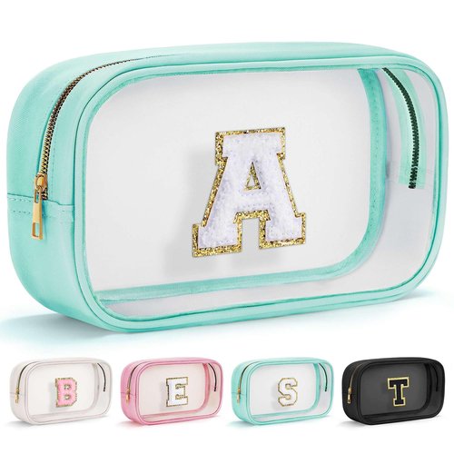 YOOLIFE Initial Clear Makeup Pouch, Clear Makeup Bag Cosmetic Travel Beach Toiletry Bag Travel Essentials Gifts for Women Teen Girlfriend Teacher Mom Brithday Gift for Women Teen Zipper Pouch Blue A