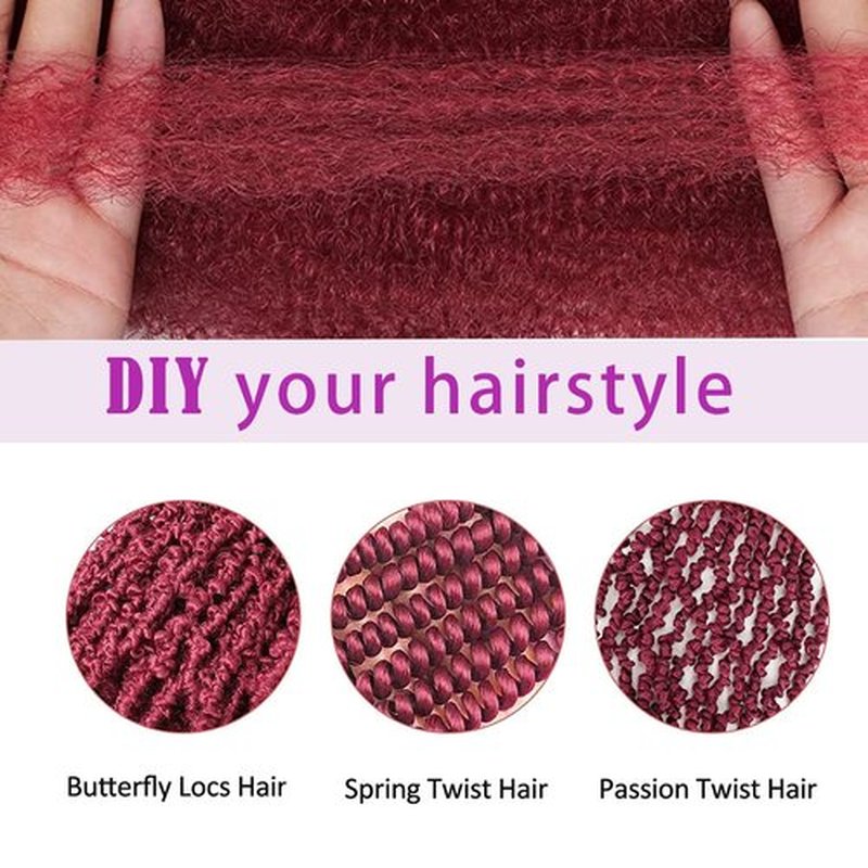 8 Packs Springy Afro Twist Hair 16 Inch Burgundy Marley Twist Braiding Hair Pre-Separated Spring Twist Hair for Soft Butterfly Locs Crochet Hair Marley Hair Extensions for Black Women(16 Inch, BUG#)