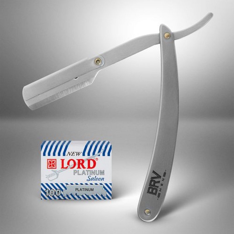 BRV MEN Professional Straight Edge Barber Razor w/ 100 Lord Platinum Single Edge Razor Blades | Straight Razors for Men | Barbershop Accessories | Mens Shaving Knife & Shavette - Silver