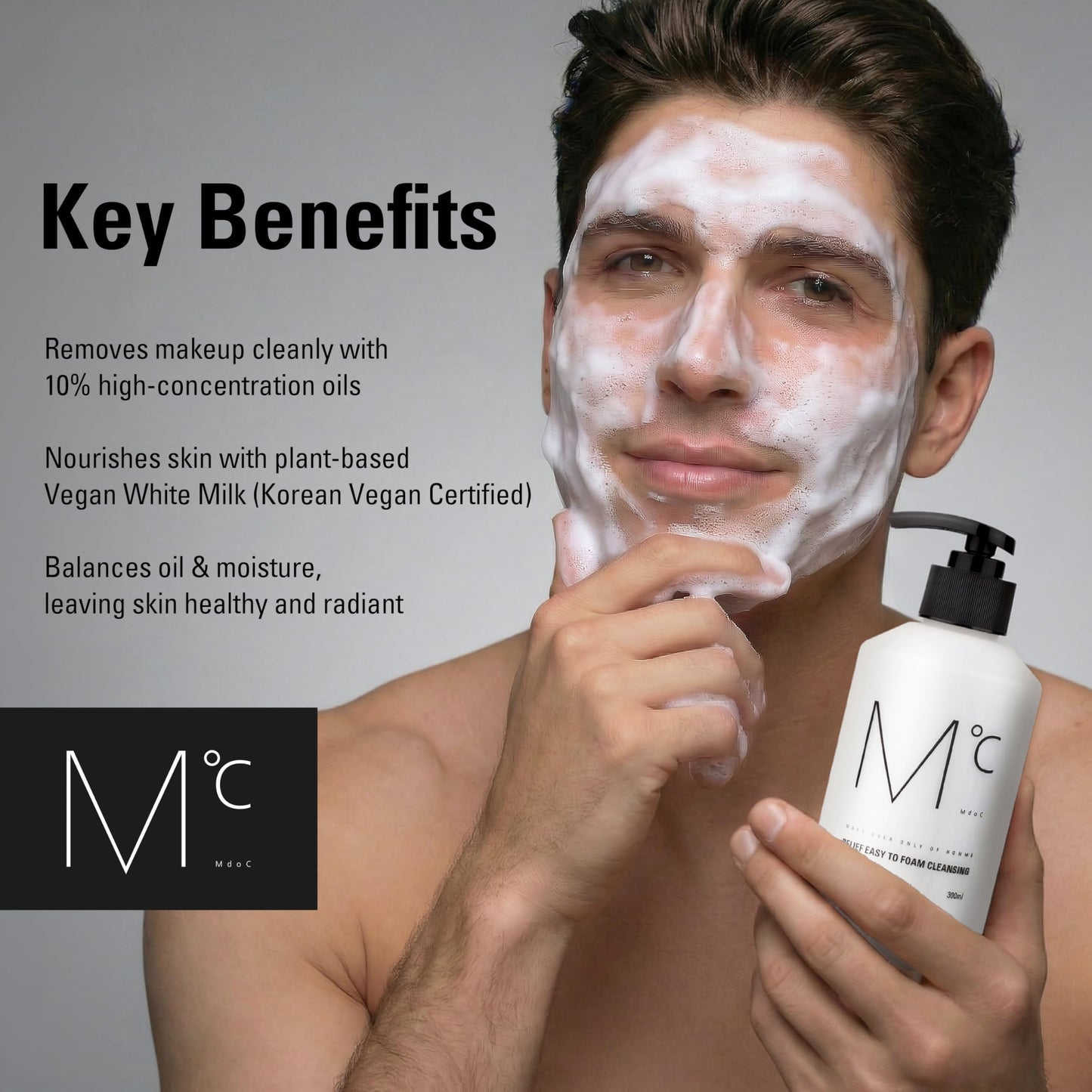 Mdoc Korean Men's Face Wash, Relief Easy Foam Cleanser, 3-in-1 Facial Cleanser for Shaving & Makeup Removal, Cream-to-Foam Pump Cleanser with 10% Cleansing Oil Blend, Korean Vegan Certified, 300ml