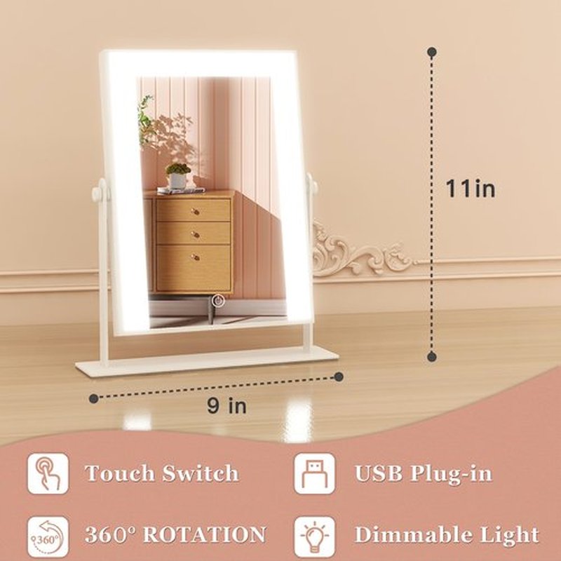 ROLOVE 9"x11" Small Vanity Mirror with Lights, Lighted Makeup Mirror with Light, Portable Tabletop Cosmetic Make Up Mirror, Smart Touch Control, Dual Power Supply, 360°Rotation