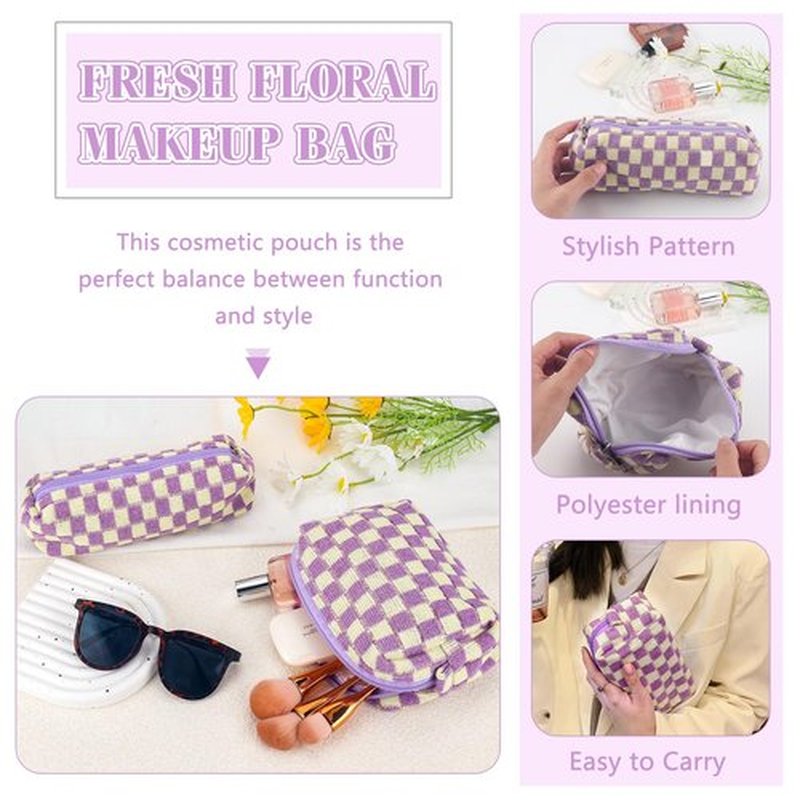 2Pcs Checkered Makeup Bag for Women Girls Pencil Pouch Travel Small Cosmetic Bag Set Cute Makeup Pouch Purse Pencil Case Pencil Bag Zippered Toiletry Bag Organizer Preppy Trendy Storage Bag(Purple)