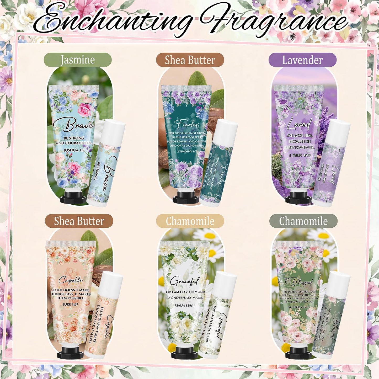 Loopeer 24 Sets Graduation Christian Hand Cream and Lip Balm Gift Set Christian Gift Bulk for Women Mothers Day Gifts for Church Travel Size Hand Lotion Bible Verse Lip Balm Bulk for Bridal Mom