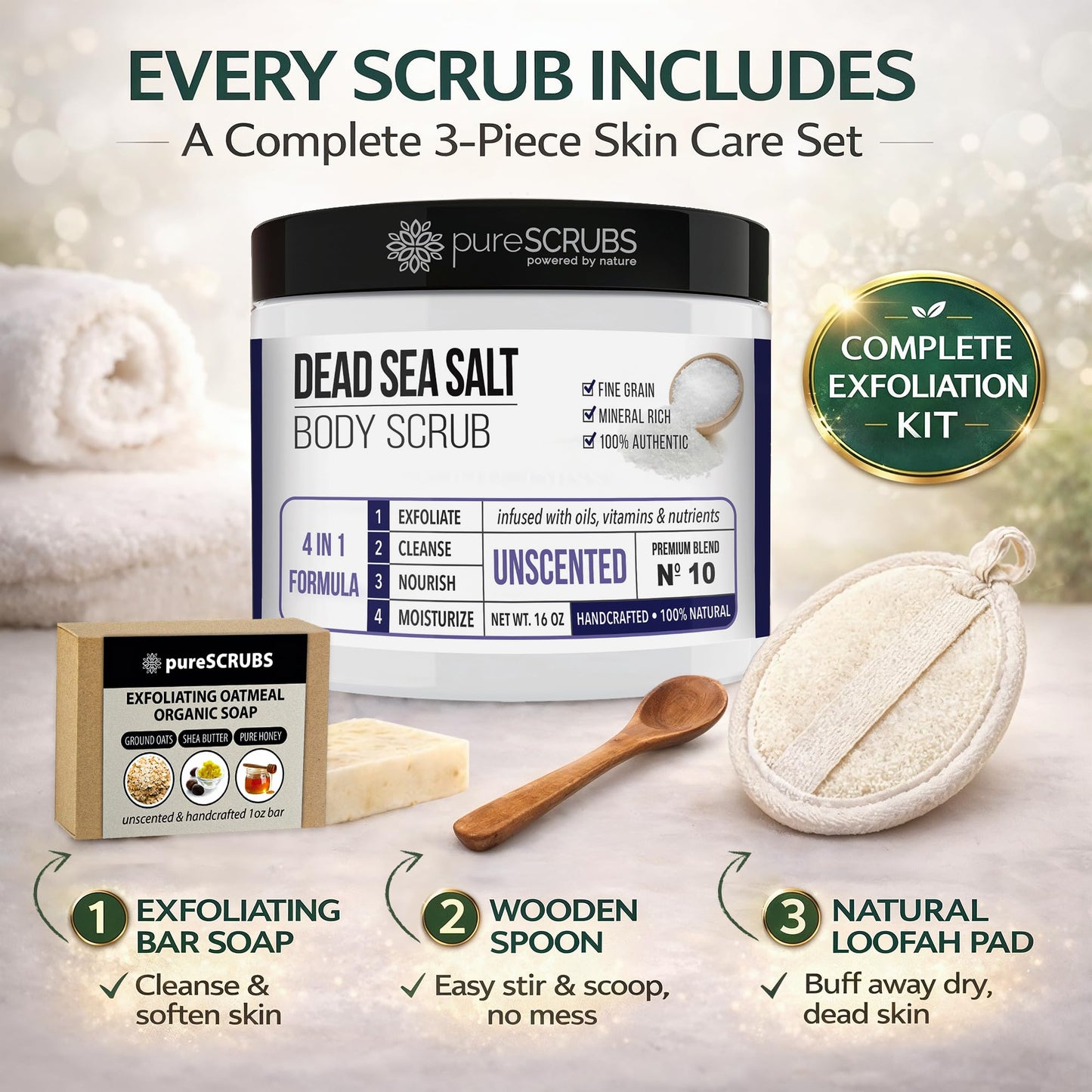 pureSCRUBS Unscented Exfoliating Body Scrub For Sensitive Skin, Large 16oz