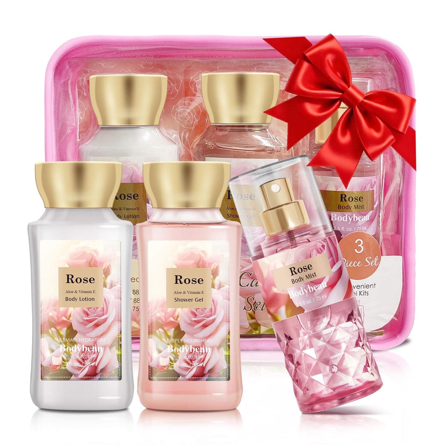 Rose Spa Gift Set For Women - 3PCS Luxury Bath and Body Kit with Shower Gel, Body Lotion & Body Mist - Portable Travel Size Self Care Gift for Mom, Wife, Teens, Friends or Her
