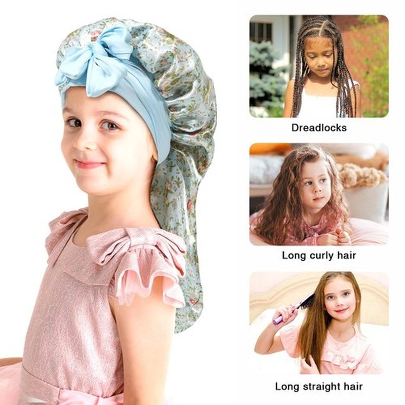 Kids Long Hair Bonnet for Sleeping - Double Layer Girls Elastic Satin Bonnet with Tie Band for Braid Curly Hair (Blue flower+Beige)