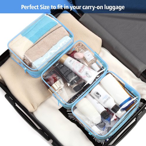 PACKISM Clear Toiletry Bag, 3 Pack TSA Approved Toiletry Bag Quart Size Bag, Travel Makeup Cosmetic Bag for Women Men, Carry on Airport Airline Compliant Bag, Light Blue