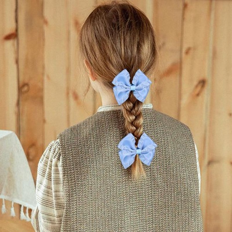 2pcs Antique Blue Satin Ruffle Edge Ribbon Bow Hair Clips 3in Silky Satin Bow-knot Alligator Barrettes Hairpins Ponytail Holder Accessories for Little Girls Toddlers Teens Kids Child