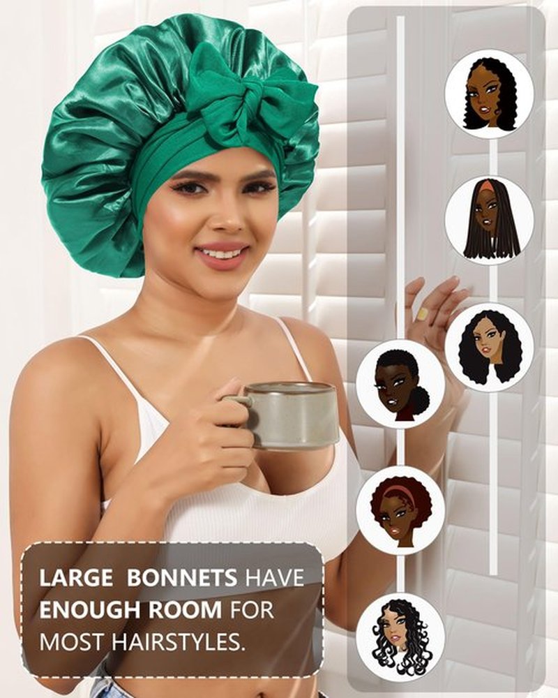 Satin Bonnet for Women Silk Bonnets for Sleeping Curly Hair Bonnet with Elastic Tie Band Reversible Double Layer Sleep Cap Hair Wrap (Black + Green)