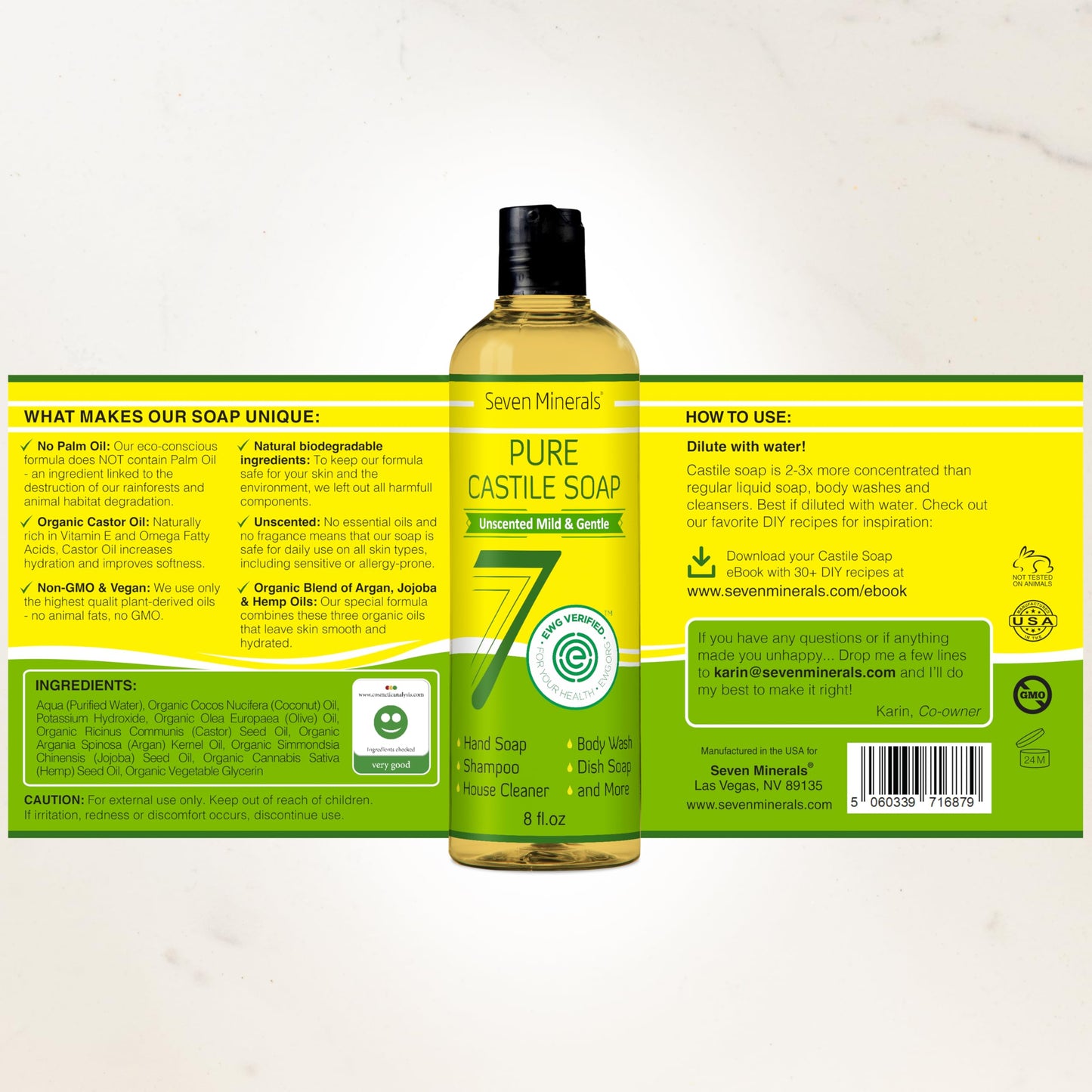 Seven Minerals Pure Castile Soap - No Palm Oil, GMO-Free - Gentle Liquid Soap For Sensitive Skin & Baby Wash - All Natural Vegan Formula with Organic Carrier Oils (8 Fl Oz, An Unscented)