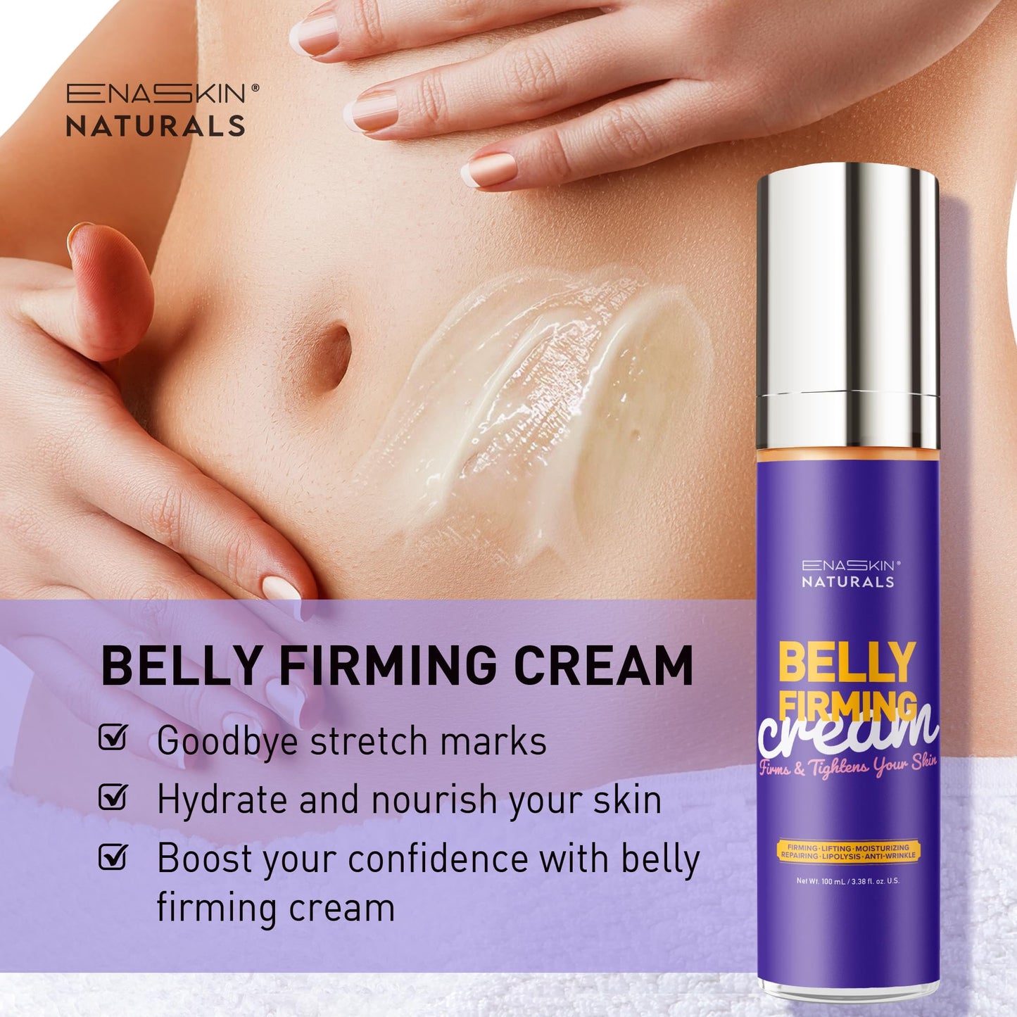 Belly Firming Cream for Skin Tightening: Enaskin Naturals Flat Cellulite Cream for Stomach & Thighs & Butt - Moisturizing Lifting Body Lotion for Women and Men - 120ML
