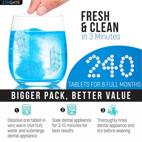 ZENGATE Retainer Cleaner Tablets - Quick Clean for Dentures, Mouth Guards, Aligners, Night Guards - Dental Cleansing Tablets - FSA HSA Approved Items - 2 Packs (240 Tablets Total) - 8 Months Supply