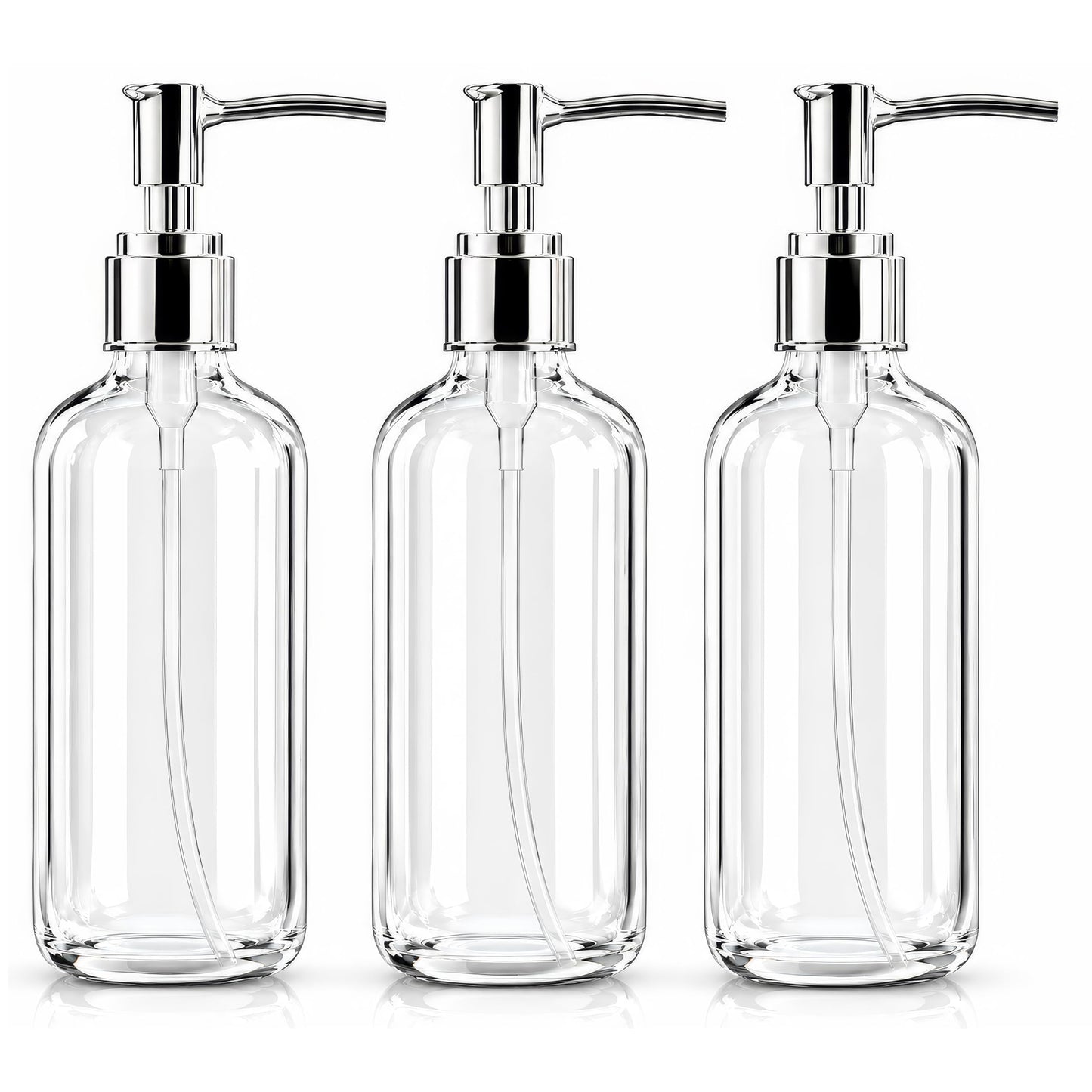 Refillable Clear Soap Dispenser Bottles with Pump, 16 oz (3 Pack) | BPA-Free Plastic Boston Round Containers for Hand Soap, Lotion, Shampoo, Kitchen & Bath