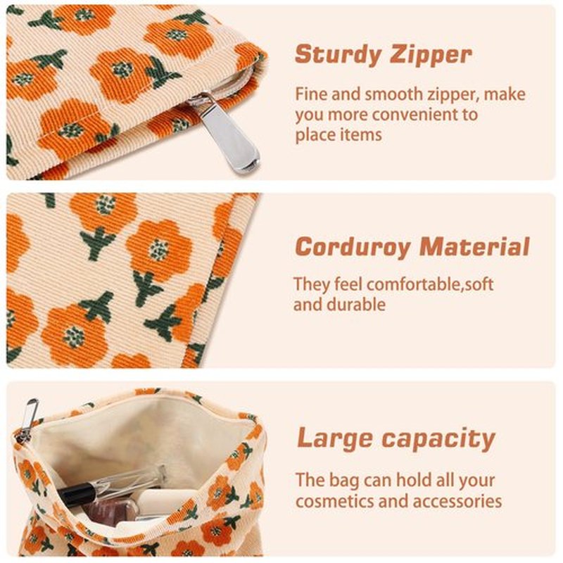 ZLFSRQ 2Pcs Daisy Flower Makeup Bag Travel Cute Cosmetic Bags for Women Large Floral Makeup Pouch Zipper Cosmetic Pouch Set for Purse Aesthetic Corduroy Makeup Organizer Bag Portable Toiletry Bag