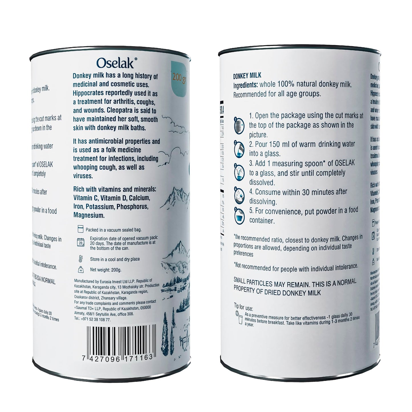 OSELAK Donkey Milk Powder 200g, Pure and 100% Natural, High in Calcium, Iron, and Vitamin D, Similar to Mother's milk, Rich in Whey protein, Vitamins and Minerals, Nothing added, Nothing removed