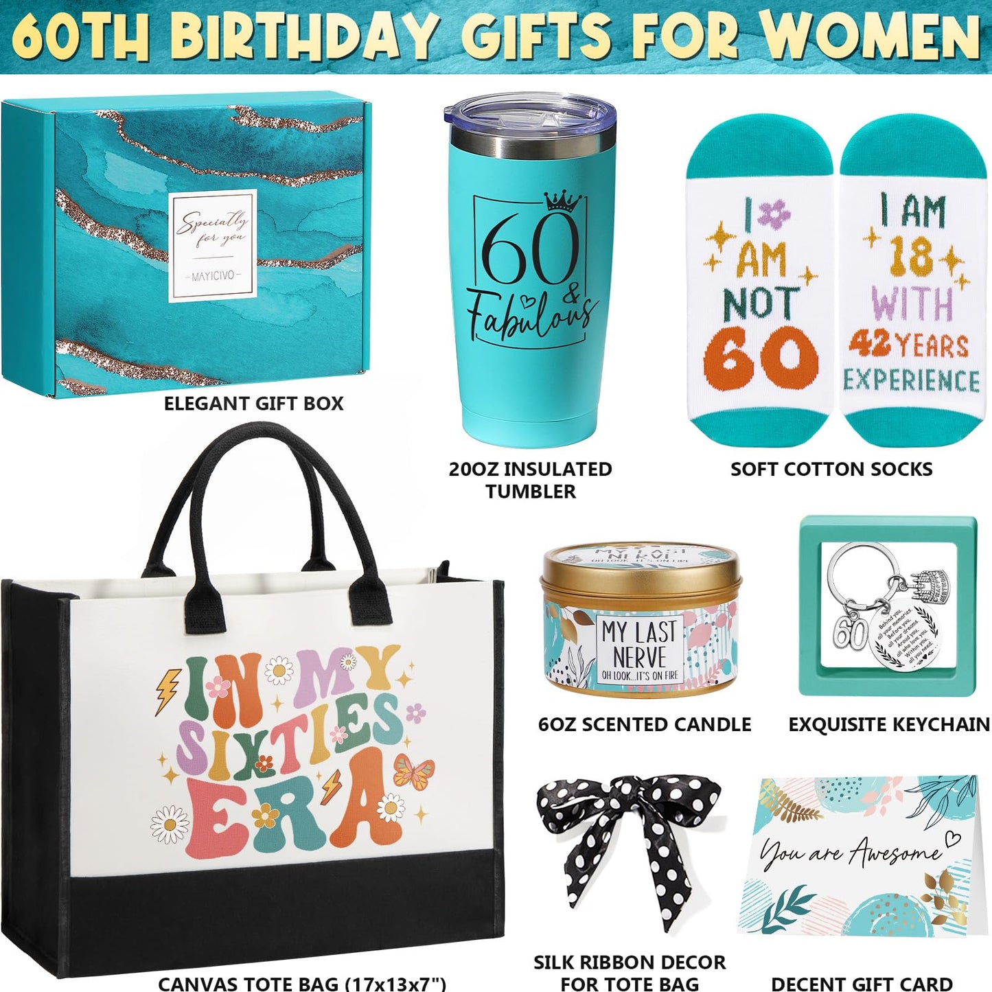 60th Birthday Gifts for Women Her, Cool 1966 Birthday Gifts for 60 Year Old Women 60 Fabulous Gift, Funny Unique Happy 60th Birthdays Gift Ideas for Her Mom Sister Friend Grandma with Canvas Tote Bag