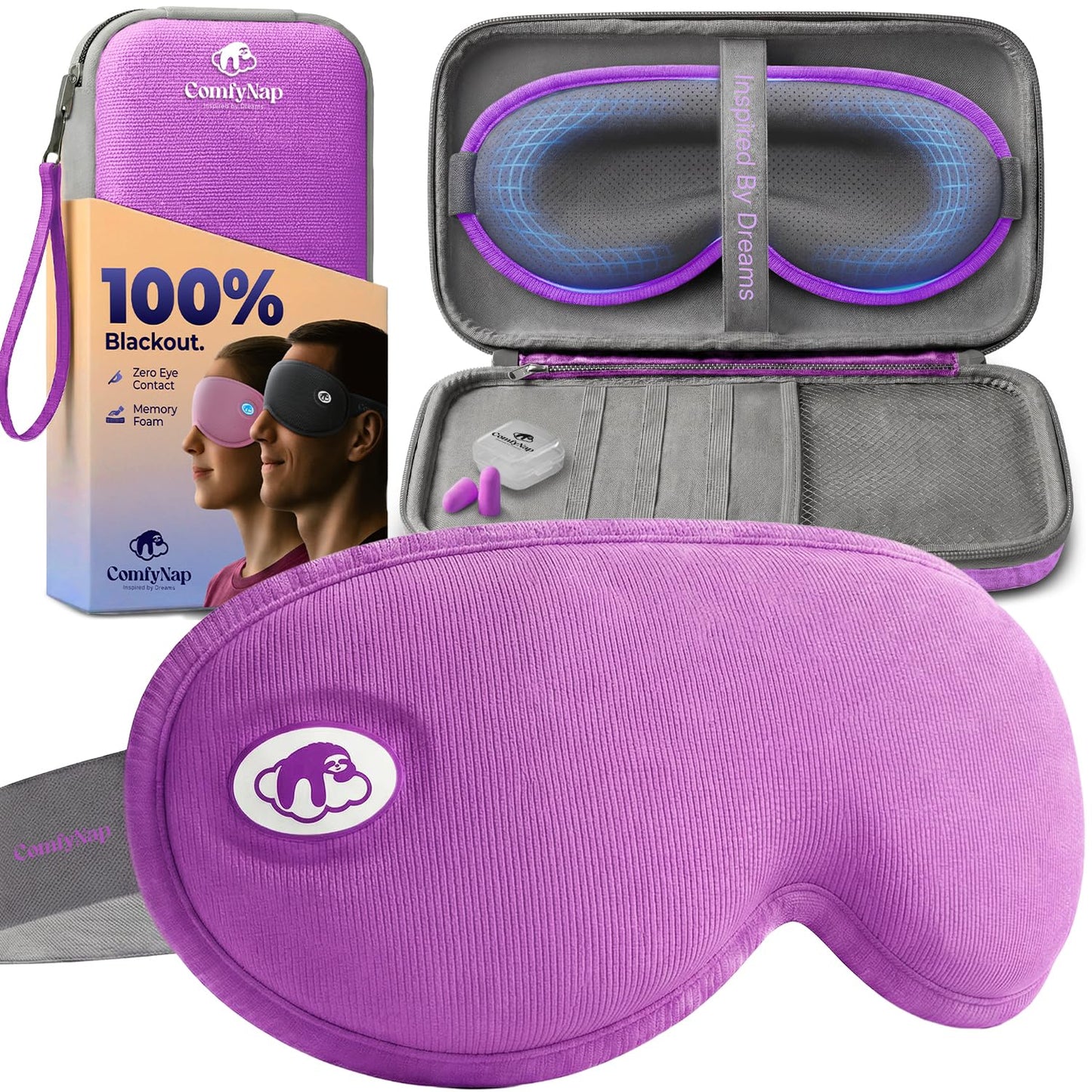 ComfyNap Eye Mask for Sleep with Ultimate Travel Case & Ear Plugs - DeepSpace™ Blackout Sleep Mask for Women Men, Side Sleeper Adjustable Eye Cover, Zero Eye Pressure, Memory Foam Eye Mask for Travel
