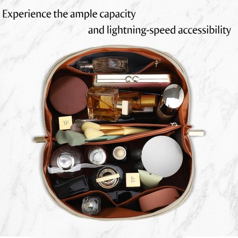 ALEXTINA Large Capacity Travel Cosmetic Bag - PU Leather Makeup Organizer Bag Portable Woven Makeup Bags for Women Waterproof Travel Toiletry Bag with Divider Pouch, Khaki
