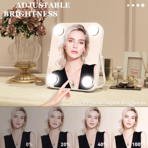 ROLOVE Vanity Mirror with Lights, Hollywood Makeup Mirror with Light, Lighted Tabletop Makeup Mirror with 4 Dimmable LED Bulbs, Portable Travel Makeup Mirror with U-Shaped Bracket, Smart Touch Control