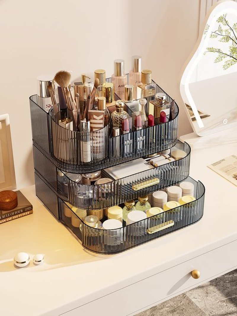 MIUOPUR Makeup Organizer with Rotating Makeup Brush Holder, Stackable Drawers for Bathroom Organizers and Storage, Make up Organizers for Vanity, Great for Cosmetics, skincare, Lipsticks -Black