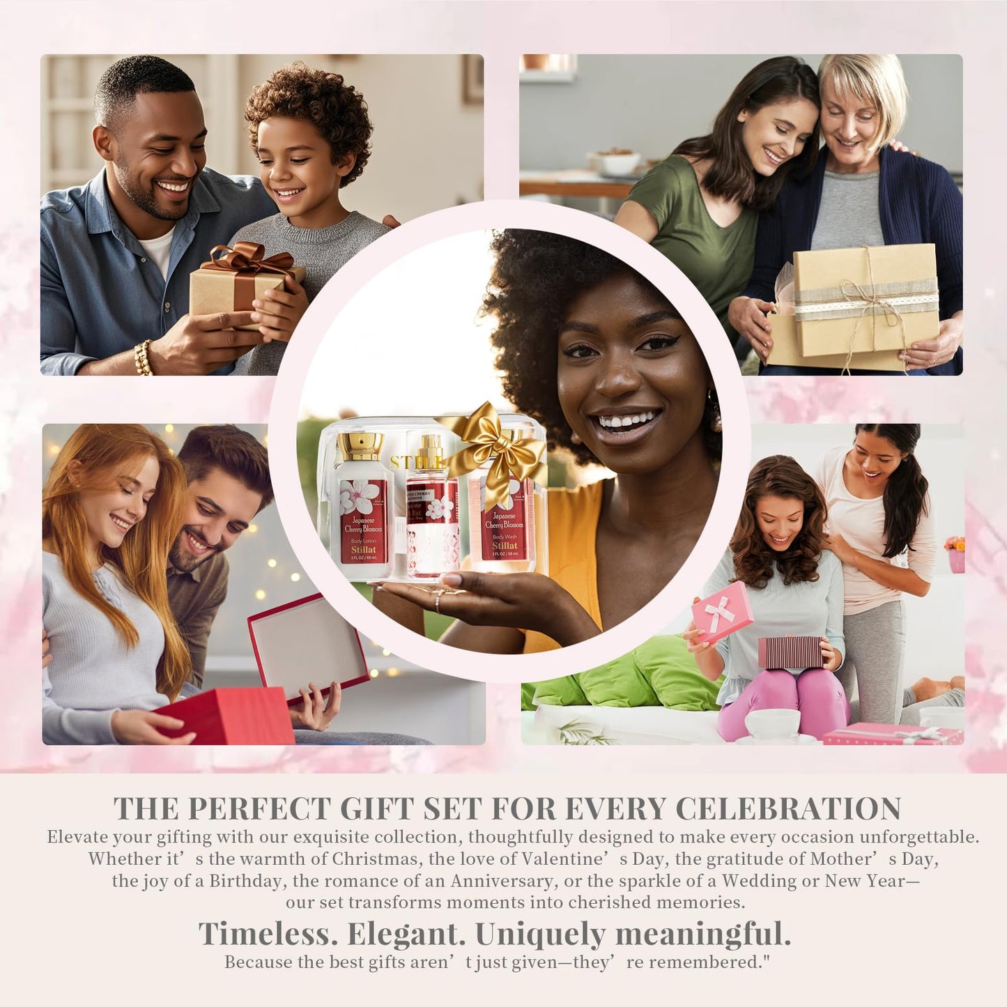 Bath and Body Care Gift Sets, Cherry Blossom Spa Shower Travel Set for Teenager and Her, Including Body Wash, Body Lotion and Fragrance Body Mist, for Birthday Anniversary Wedding Christmas New Year
